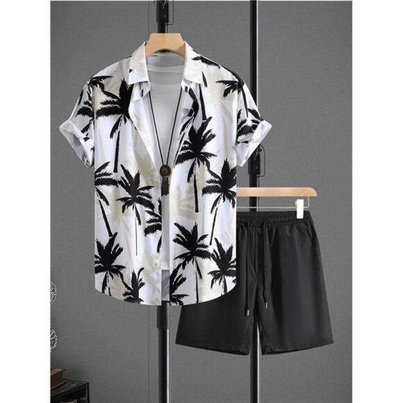 Men's 2 Piece Outfit Tropical Print Short Sleeve Button Down Shirt and S… - Picture 3 of 6